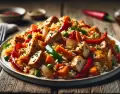 Arroz con pollo en cubos y vegetales salteados