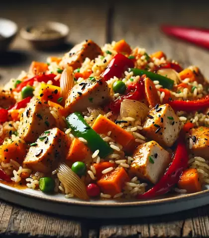 Arroz con pollo en cubos y vegetales salteados