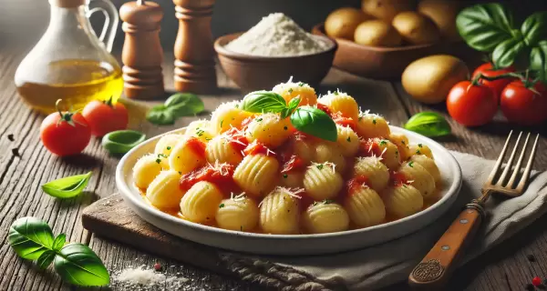 �oquis de papa caseros servidos con salsa de tomate y queso parmesano.