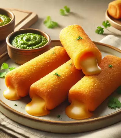 Cigarros de queso crujientes con un toque casero, acompa�ados de pesto de cilantro.