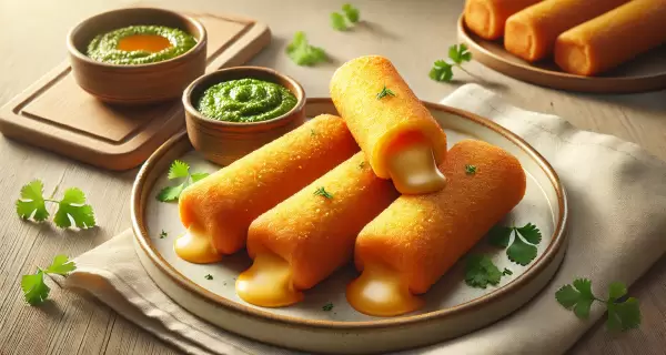 Cigarros de queso crujientes con un toque casero, acompa�ados de pesto de cilantro.