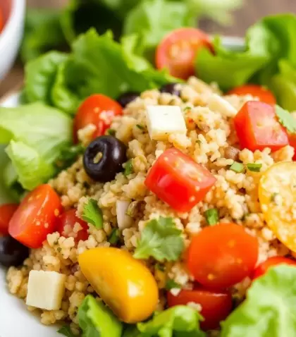 Ensalada de quinoa acompa�ada de vegetales frescos como pepino, pimientos y tomates cherry, con un toque de perejil y aderezos