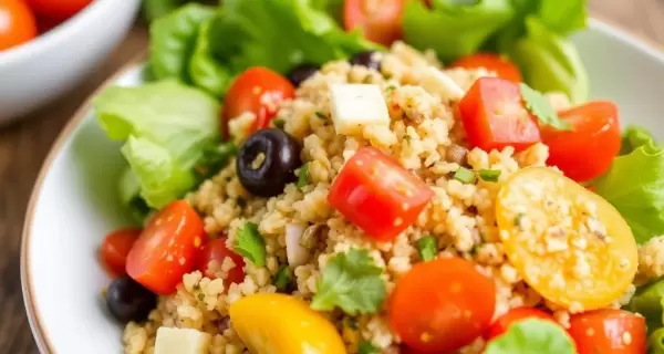 Ensalada de quinoa acompa�ada de vegetales frescos como pepino, pimientos y tomates cherry, con un toque de perejil y aderezos