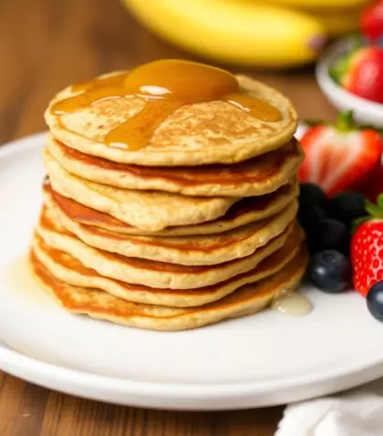 Tortitas de avena y pl�tano apiladas en un plato blanco, acompa�adas de frutas frescas como fresas y ar�ndanos, con un toque de miel encima