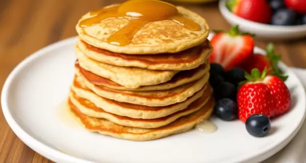 Tortitas de avena y pl�tano apiladas en un plato blanco, acompa�adas de frutas frescas como fresas y ar�ndanos, con un toque de miel encima