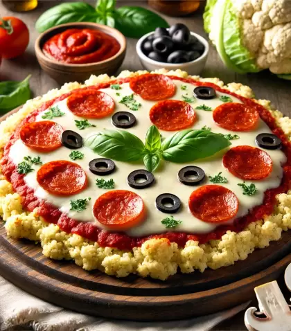 Pizza keto con base de coliflor, ideal para una opci�n saludable y deliciosa.