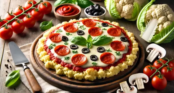 Pizza keto con base de coliflor, ideal para una opci�n saludable y deliciosa.