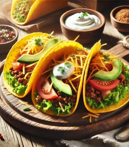 Tacos keto con tortillas de queso, rellenos de carne, lechuga y aguacate.