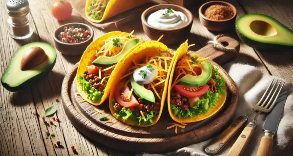 Tacos keto con tortillas de queso, rellenos de carne, lechuga y aguacate.
