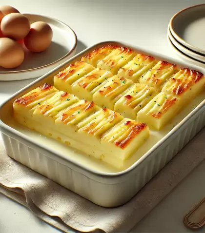 Terrina de papas cremosa hecha en casa, perfecta para una comida reconfortante.