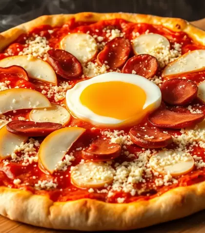 Pizza con base crujiente, panceta dorada, manzana, longaniza y huevo duro en el centro.