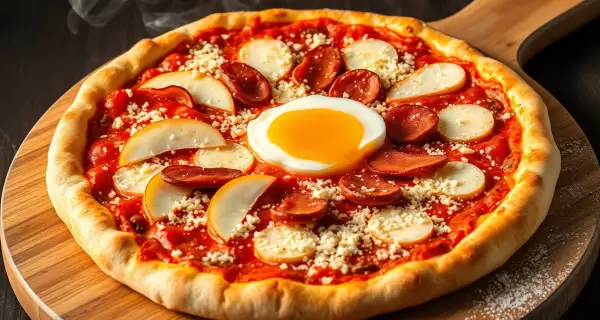 Pizza con base crujiente, panceta dorada, manzana, longaniza y huevo duro en el centro.