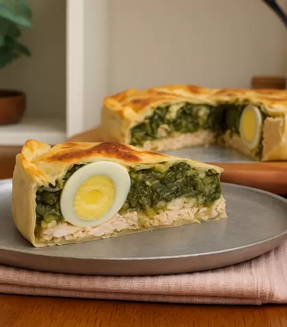 Tarta pascualina de pollo y acelga, una receta casera rendidora y sabrosa.