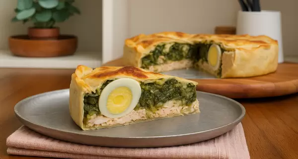 Tarta pascualina de pollo y acelga, una receta casera rendidora y sabrosa.