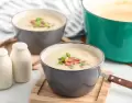 Sopa crema de papa, puerro y panceta