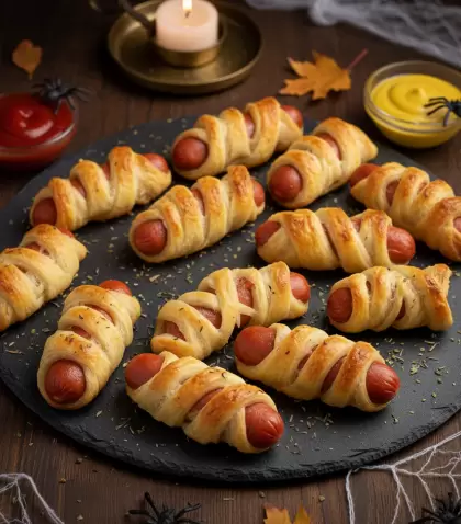 Salchichas momificadas listas para una picada de Halloween.