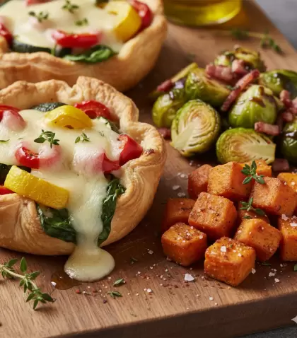 Tapa rellena con queso y verduras, acompa�ada de batatitas doradas y repollitos de Bruselas salteados.