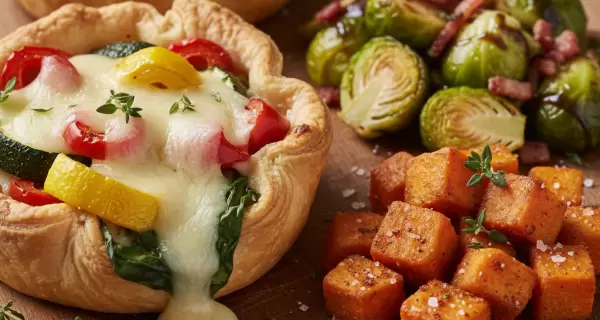 Tapa rellena con queso y verduras, acompa�ada de batatitas doradas y repollitos de Bruselas salteados.
