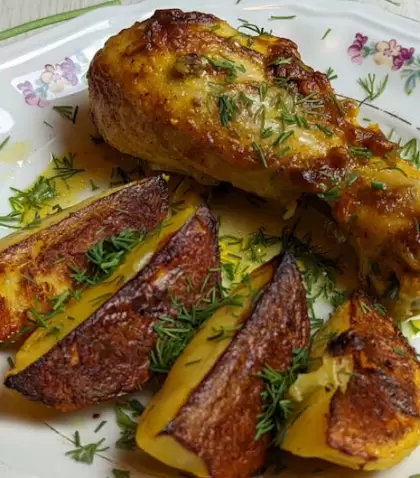Pollo al horno con mostaza y miel, dorado y sabroso